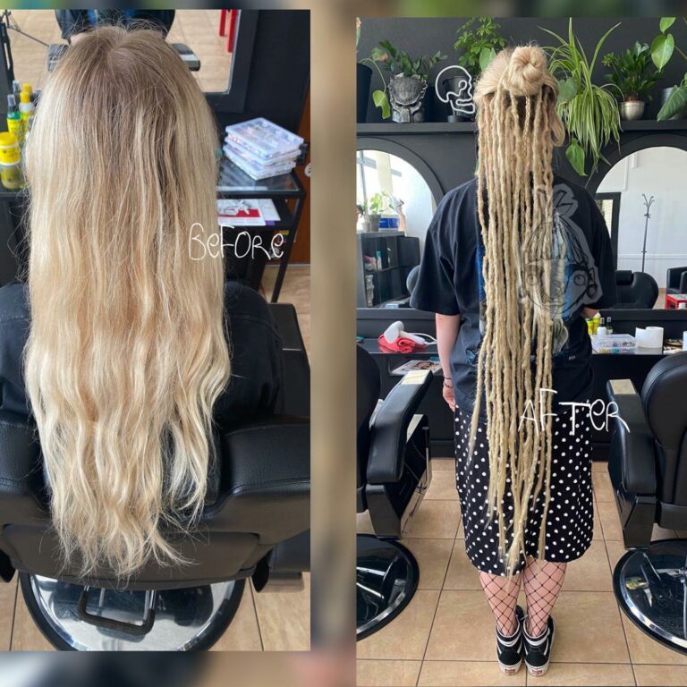 Długie blond włosy przed i po założeniu bardzo długich dredów