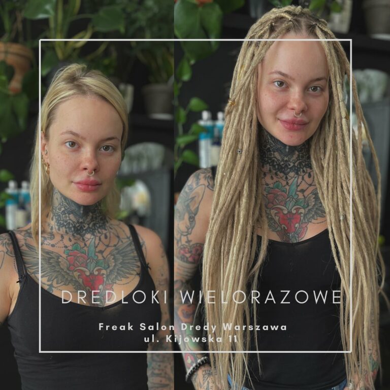 Blondynka przed i po założeniu jasnych dredloków wielorazowych, realizacja @dredywarszawa