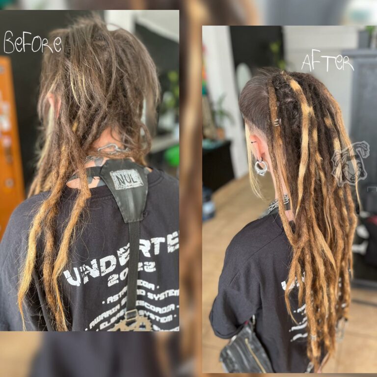 Długie dredy w stylu crust z mulletem przed i po odświeżeniu, widok z tyłu