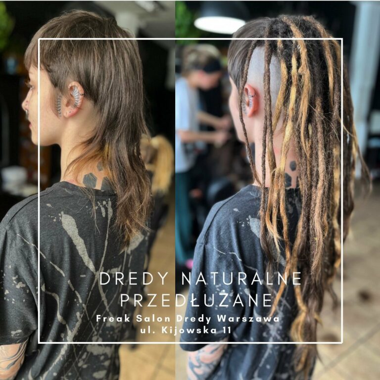 Kobieta z mulletem przed i po wpleceniu naturalnych przedłużanych dredów w stylu crust