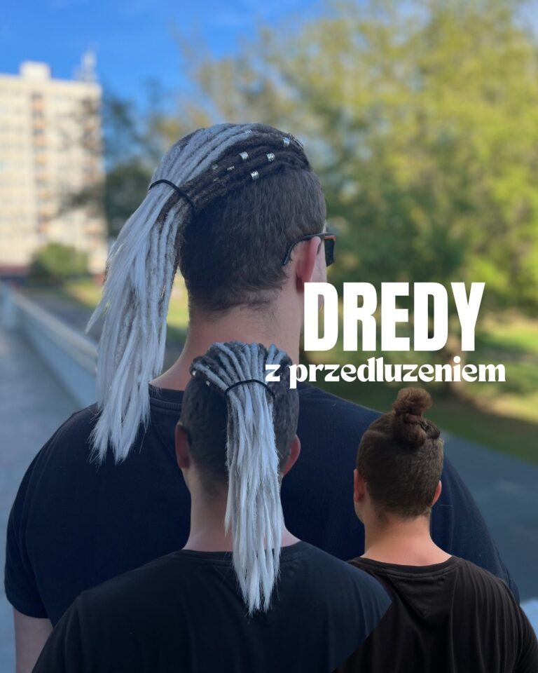 Białe dredy z przedłużeniem związane w topknot przy podgolonych bokach, widok z tyłu