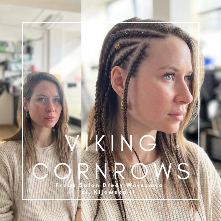 Kobieta z warkoczami viking cornrows splecionymi przy skórze głowy, realizacja @dredywarszawa