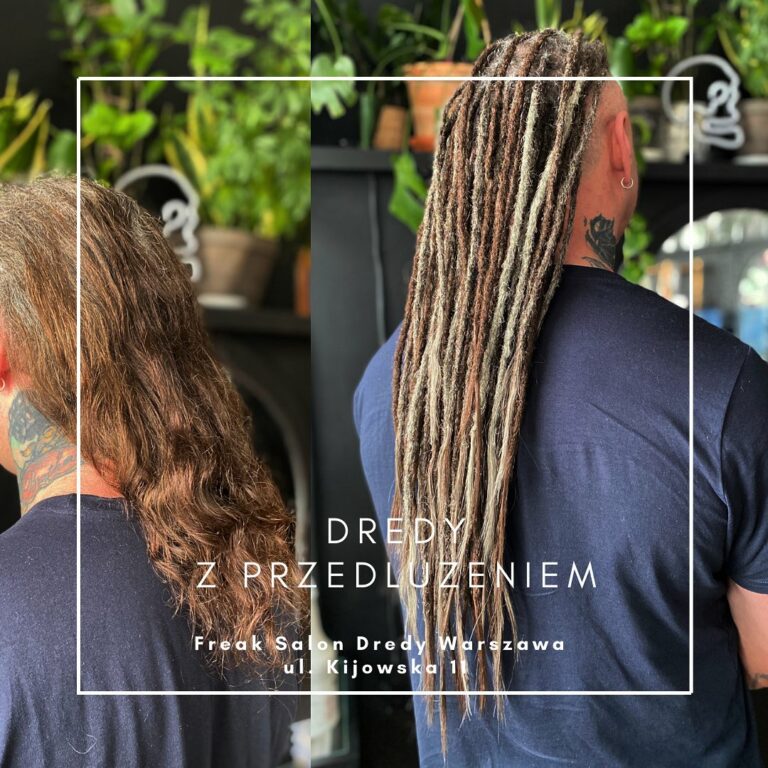 Mężczyzna przed i po zrobieniu długich wikingowych dredów z przedłużeniem, widok z tyłu