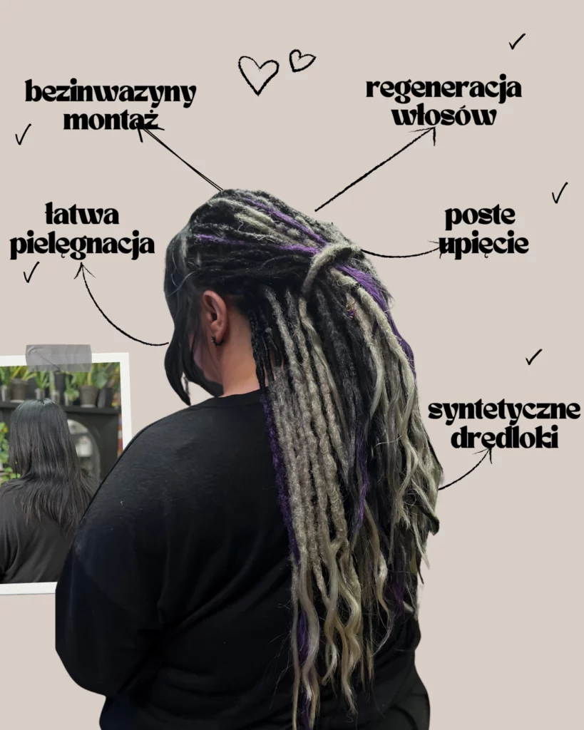 Kobieta z syntetycznymi dredlokami, grafika z zaletami: bezinwazyjny montaż, łatwa pielęgnacja i proste upięcie